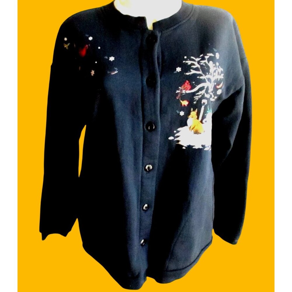 Vintage Womens Cardigan Sweatshirt Medium 1990's Cottage Bird Graphics Black